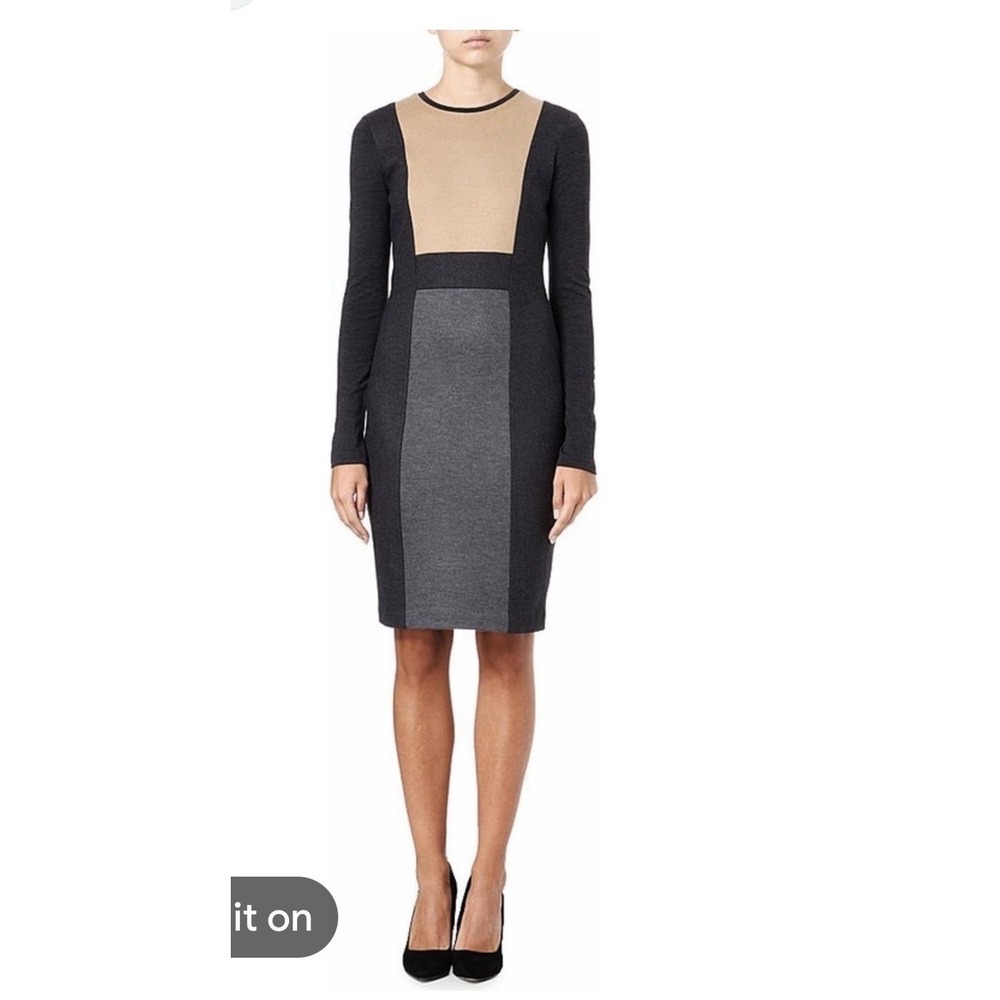 Max Mara Wool Colorblock Long-Sleeve Knit Midi Dress Gray Tan Sheath IT 44 US 8‎